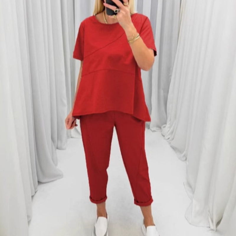 Women’s Solid Short-Sleeve Tops & Pants Two-Piece Set