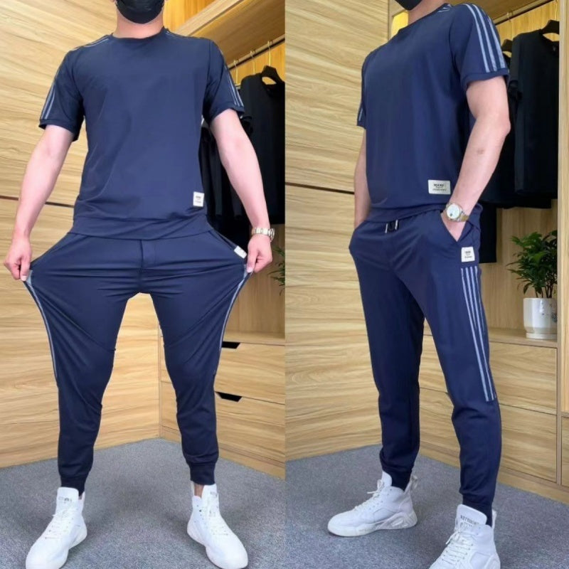 Men's Casual Sports Short Sleeve Long Pants Two-Piece Set