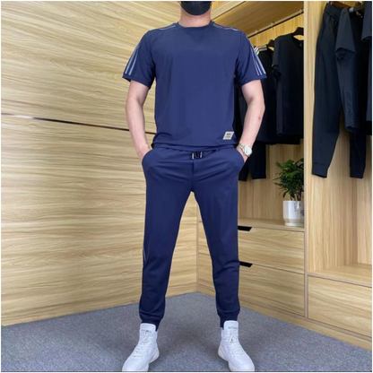 Men's Casual Sports Short Sleeve Long Pants Two-Piece Set