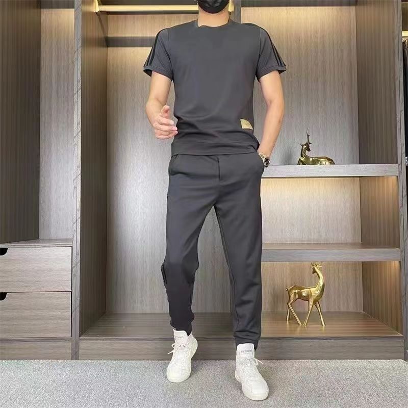 Men's Casual Sports Short Sleeve Long Pants Two-Piece Set