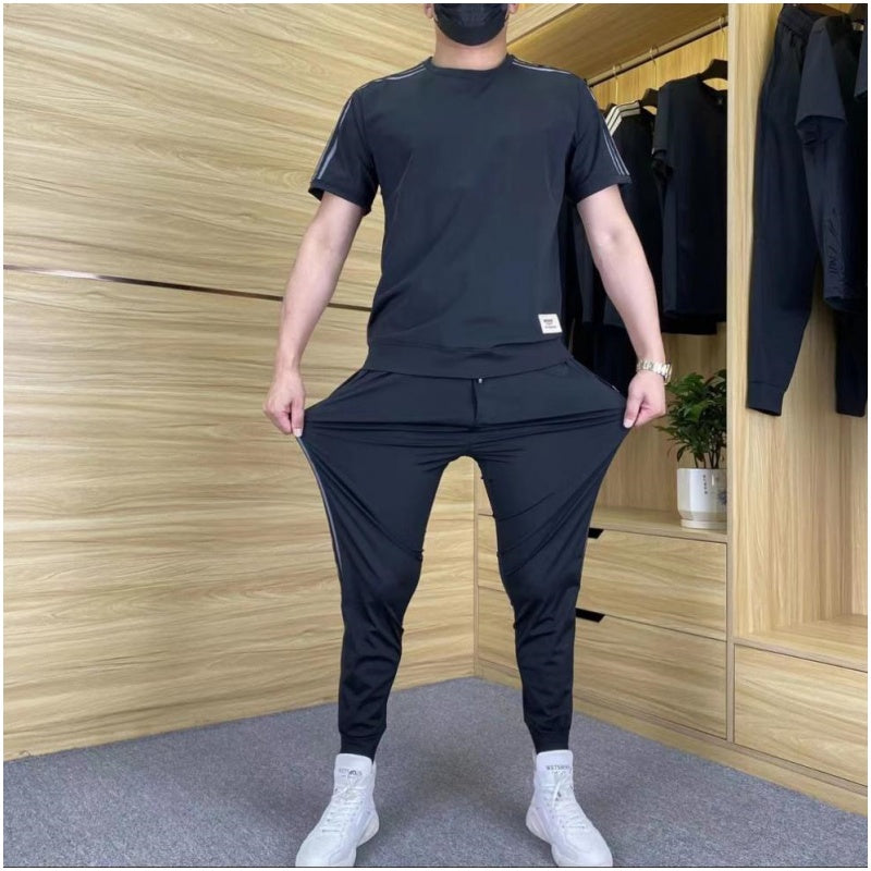 Men's Casual Sports Short Sleeve Long Pants Two-Piece Set